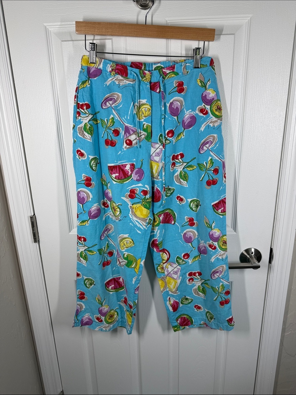 Mureli colorful cocktail and fruit novelty printed linen blend pants size medium